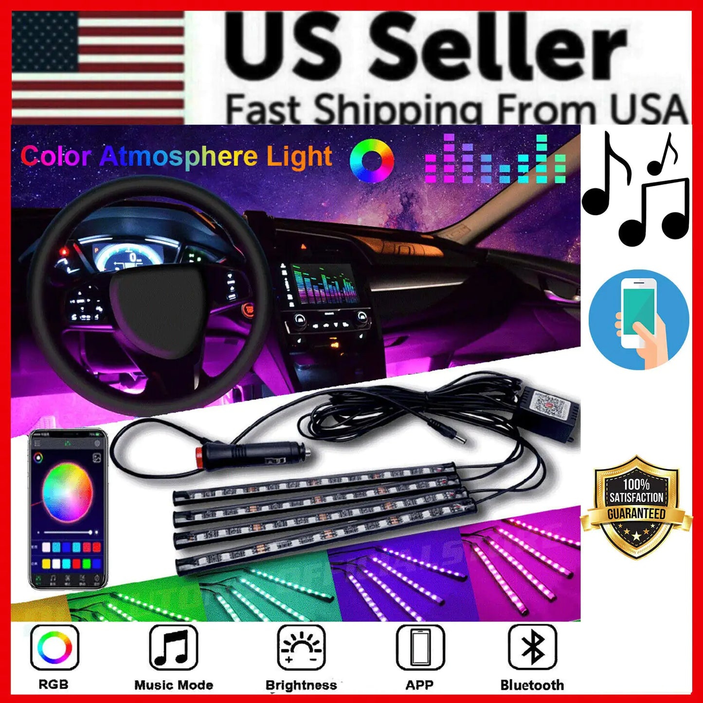 4X 48 LED Car Interior Atmosphere Light Strip Bar Bluetooth MOBILE Music Control