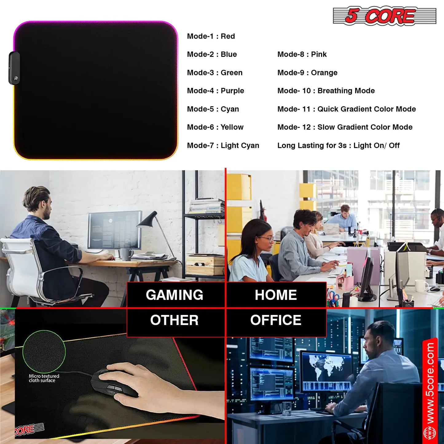 12 Light Mode High-Performance Soft Padded Gaming Mouse Pad Large