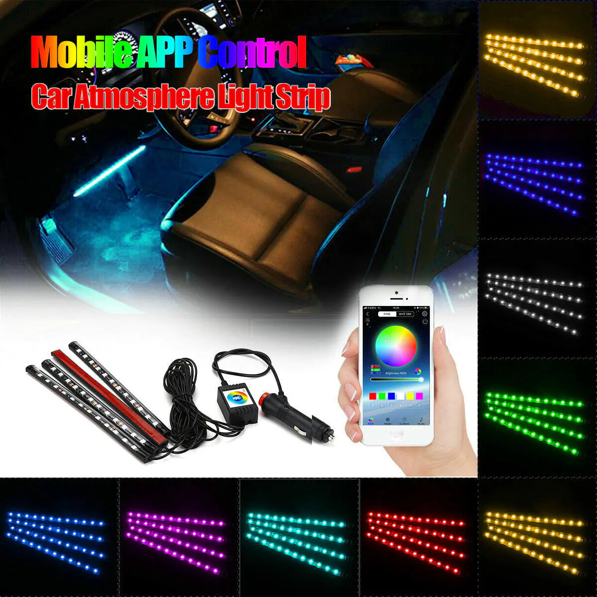 4X 48 LED Car Interior Atmosphere Light Strip Bar Bluetooth MOBILE Music Control